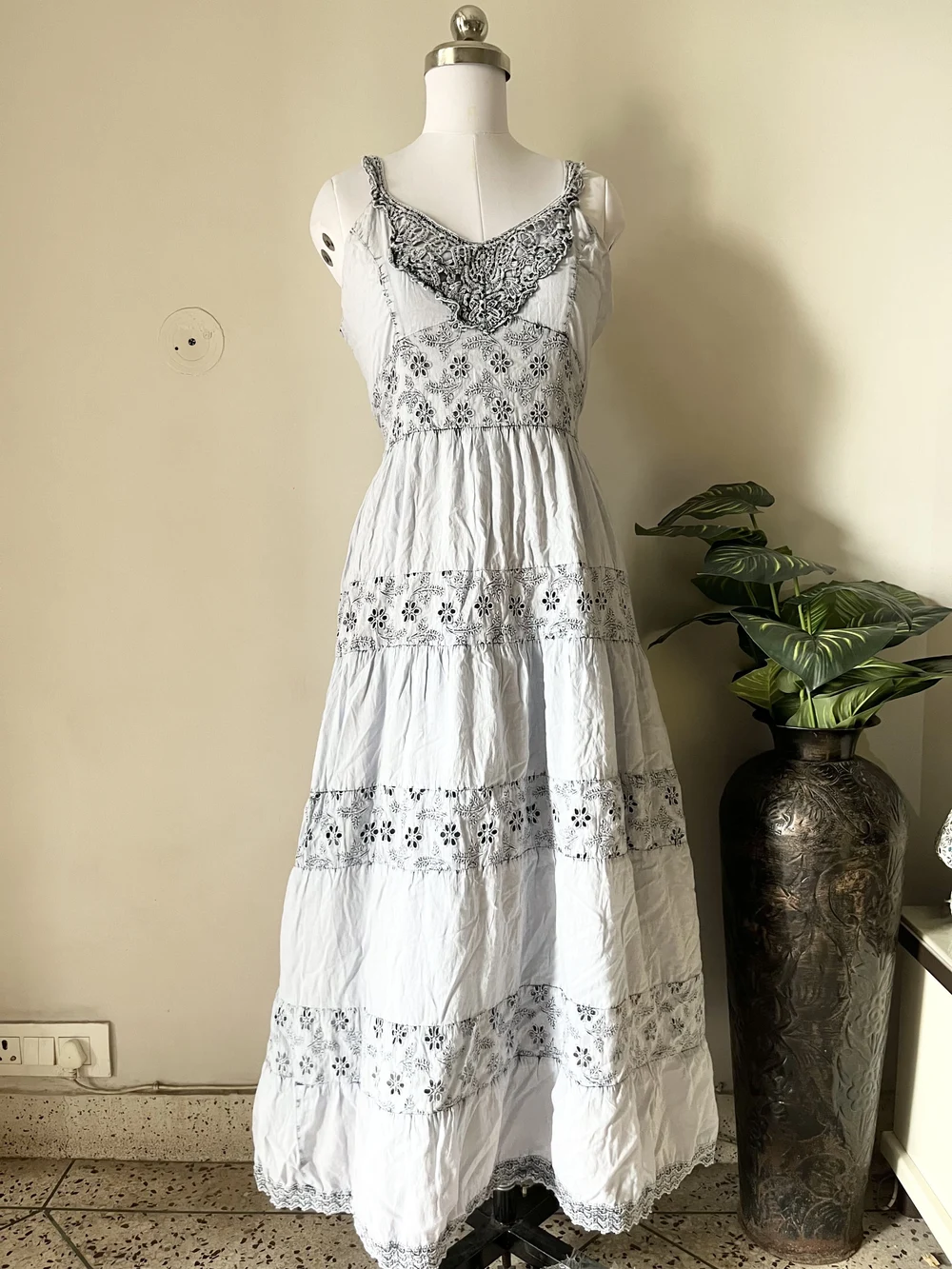 Powered blue schiffli maxi dress