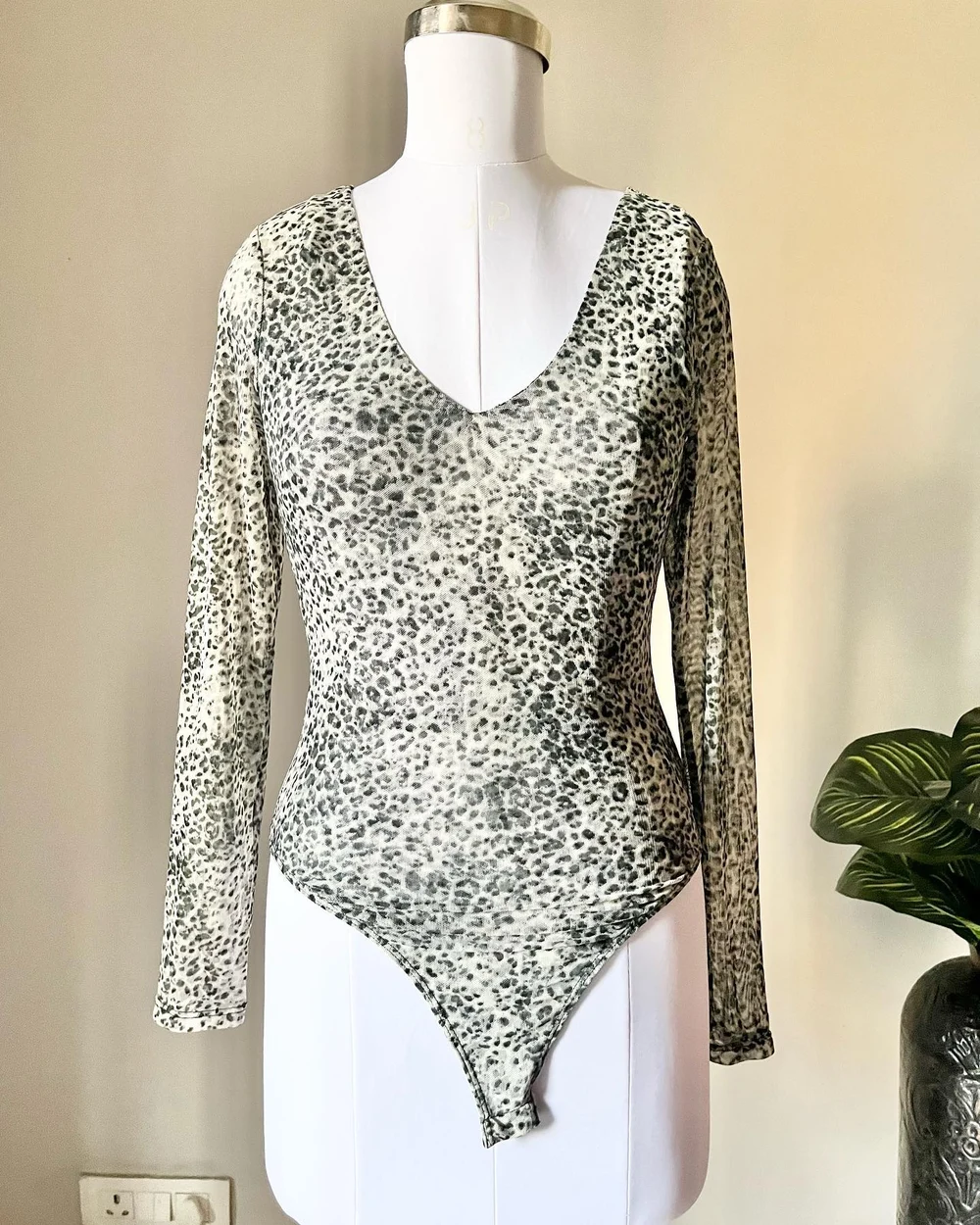 Animal print v-neck mesh bodysuit 