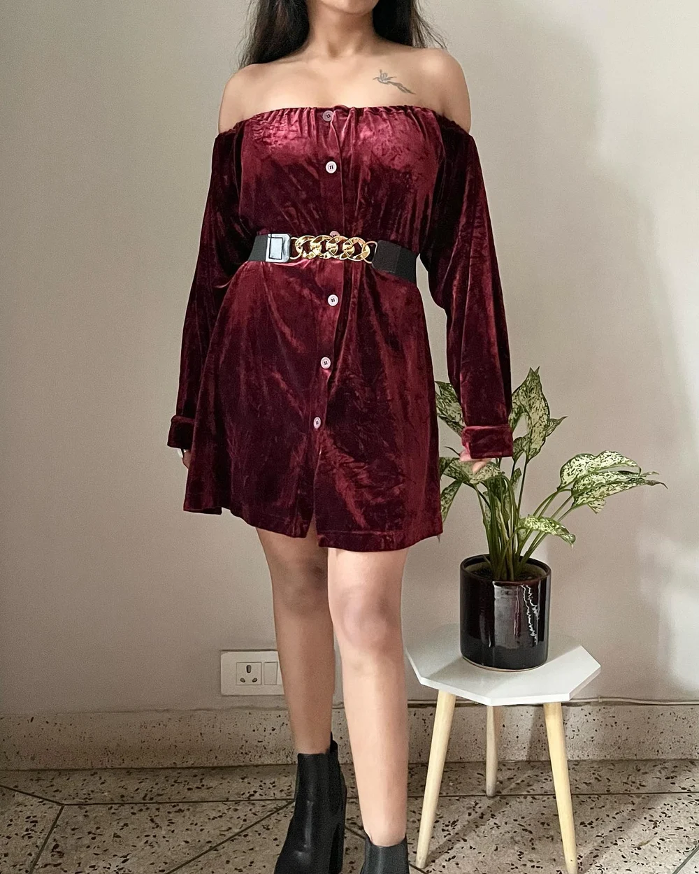 Off shoulder velvet shirt dress 