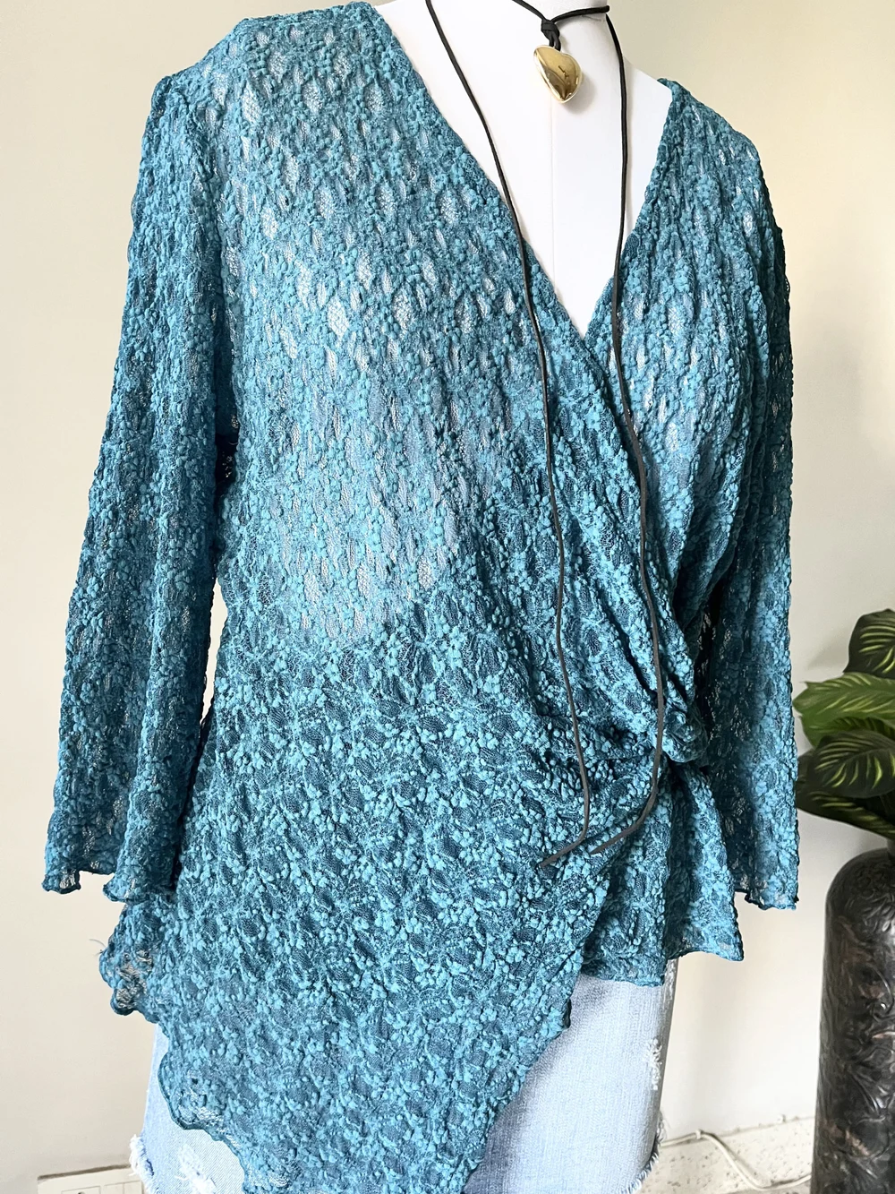 Teal blue wrap asymmetric top 