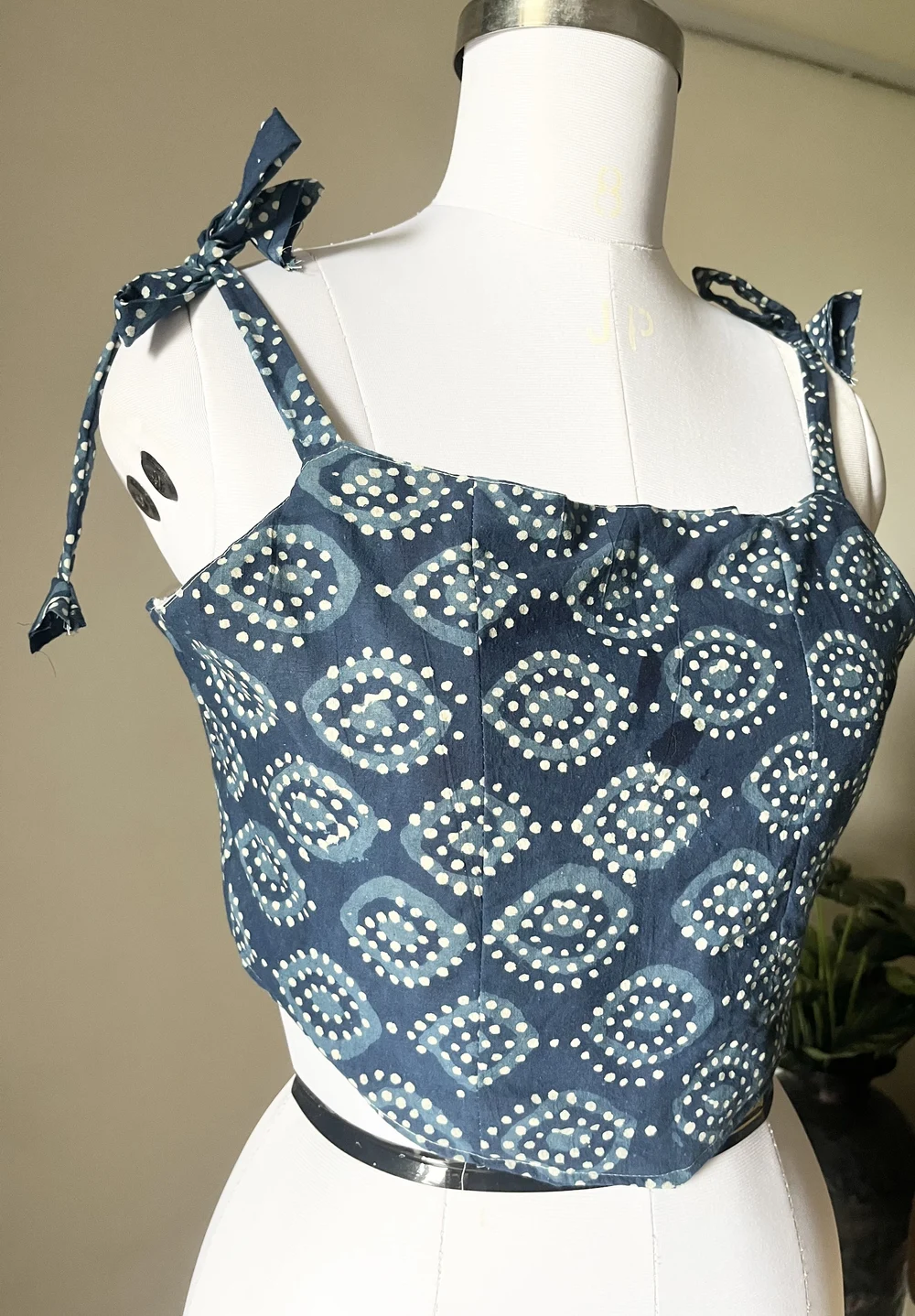 Indigo print corset top 