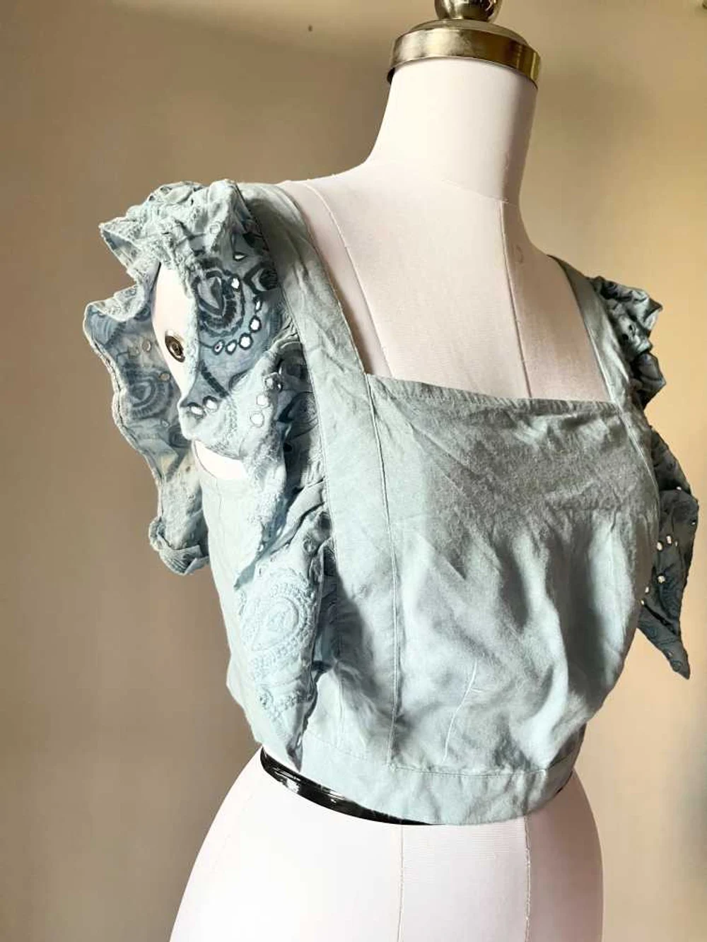 Blue denim style frill top 