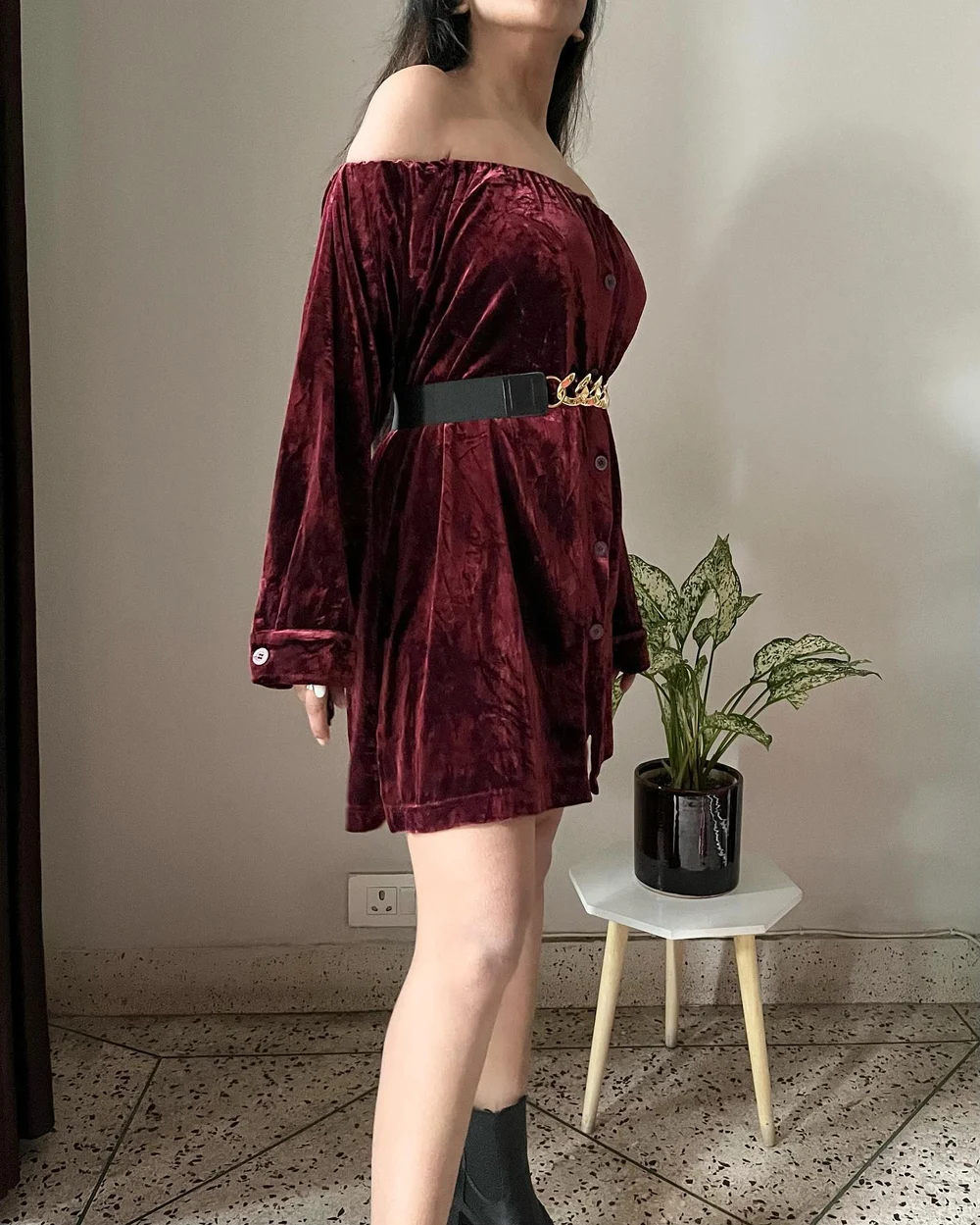 Off shoulder velvet shirt dress 