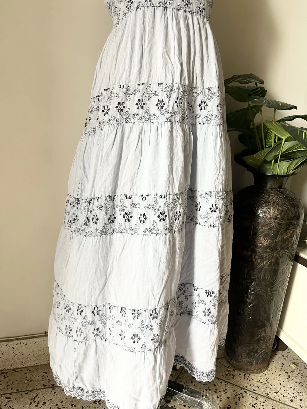 Powered blue schiffli maxi dress