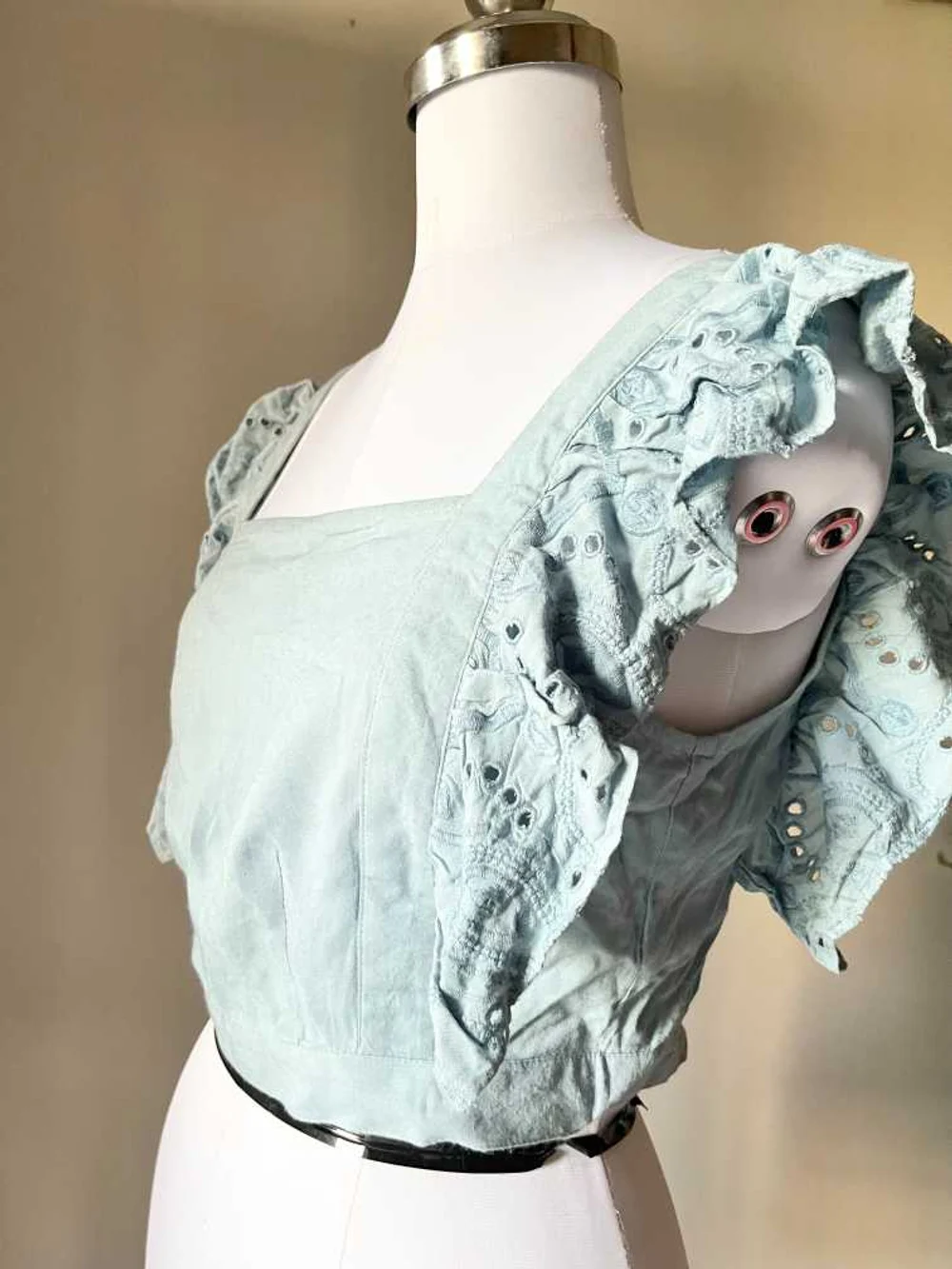 Blue denim style frill top 