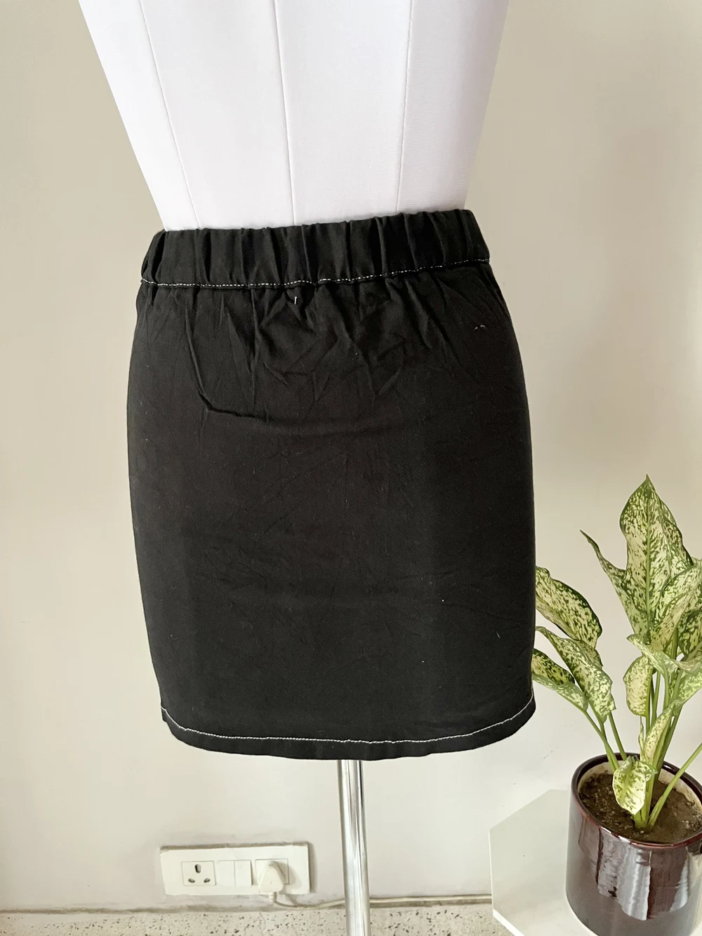 Black contast stitch denim skirt