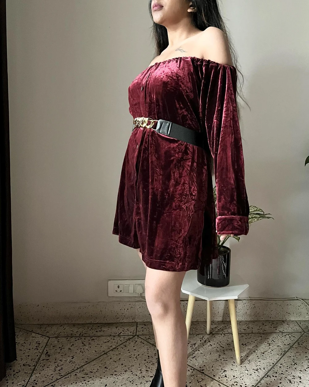 Off shoulder velvet shirt dress 