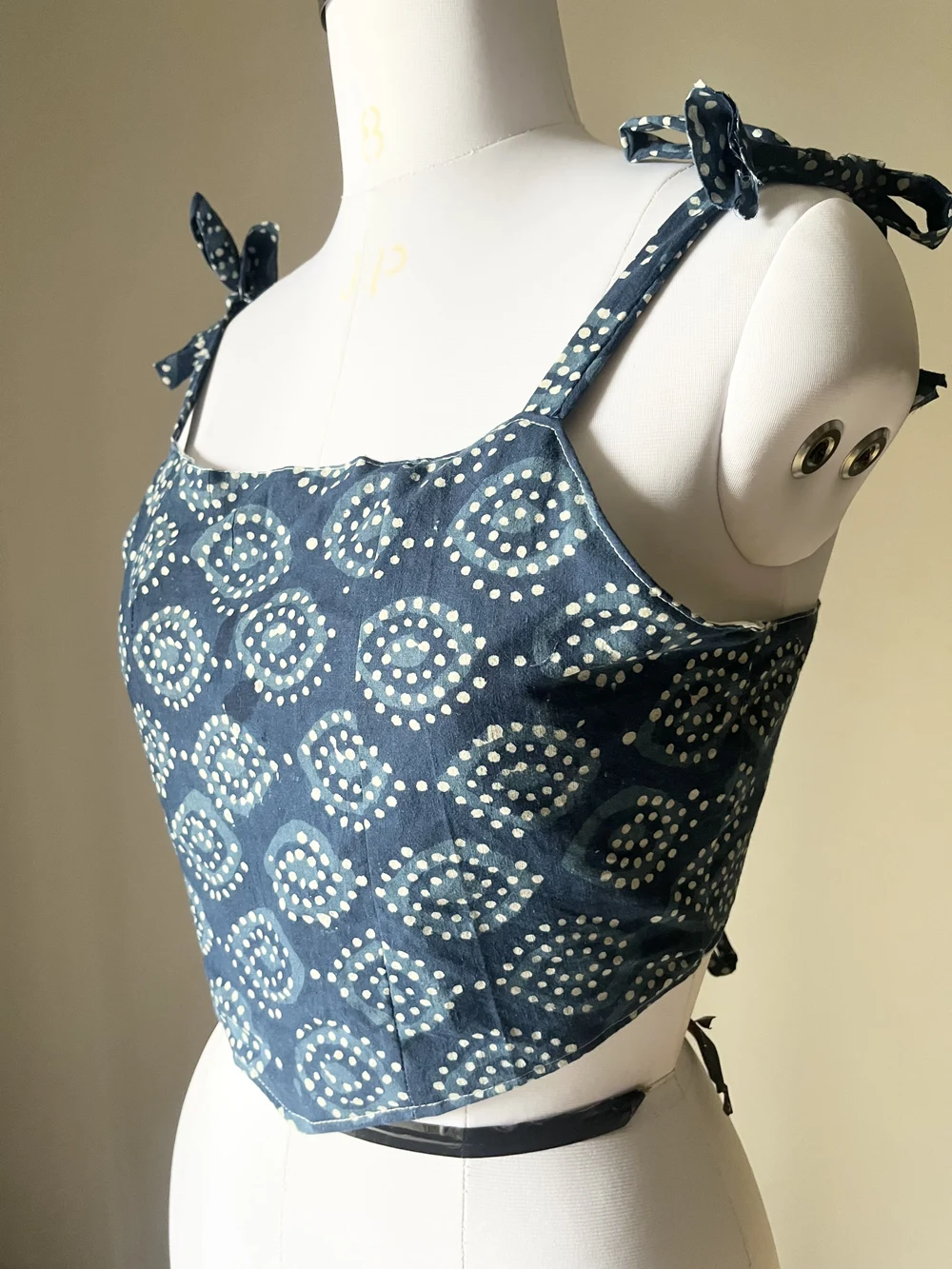 Indigo print corset top 