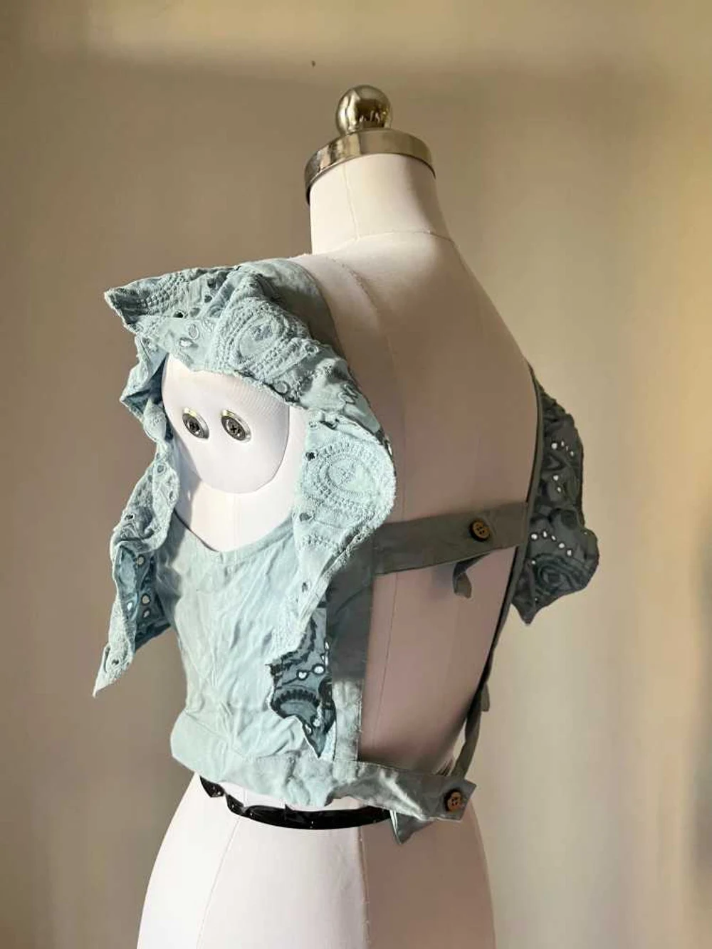 Blue denim style frill top 