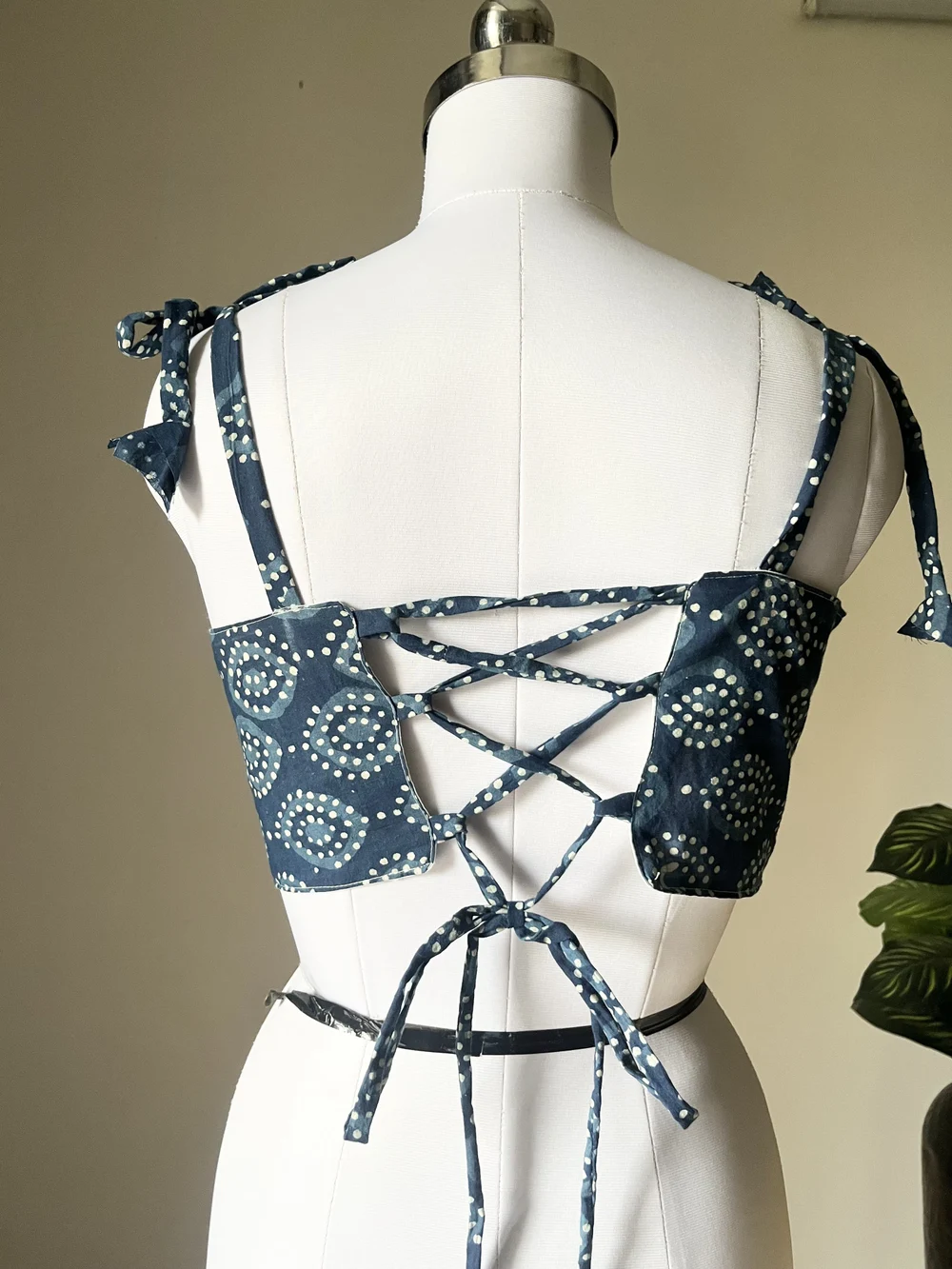 Indigo print corset top 