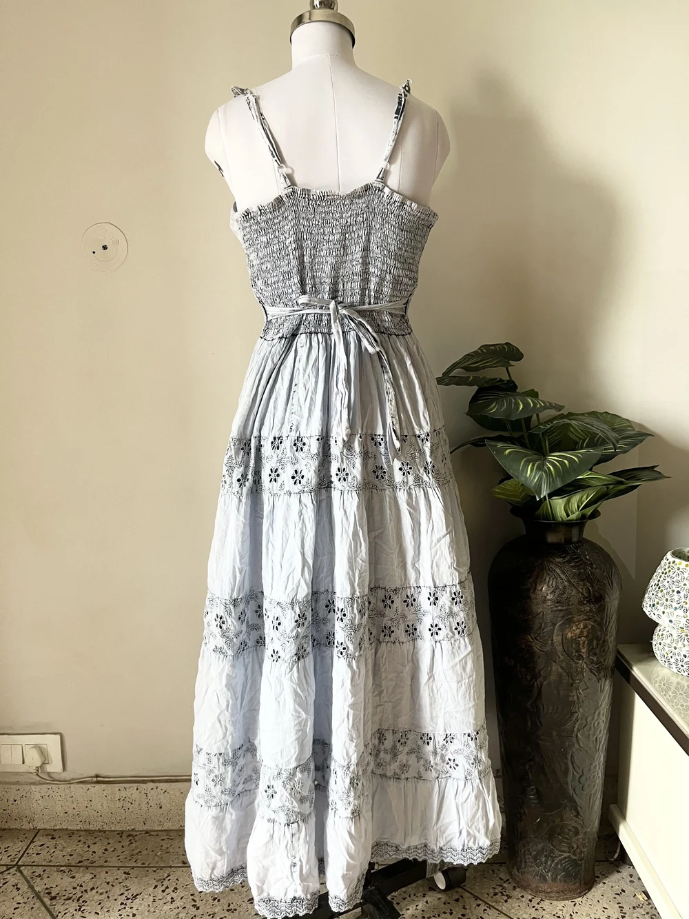 Powered blue schiffli maxi dress